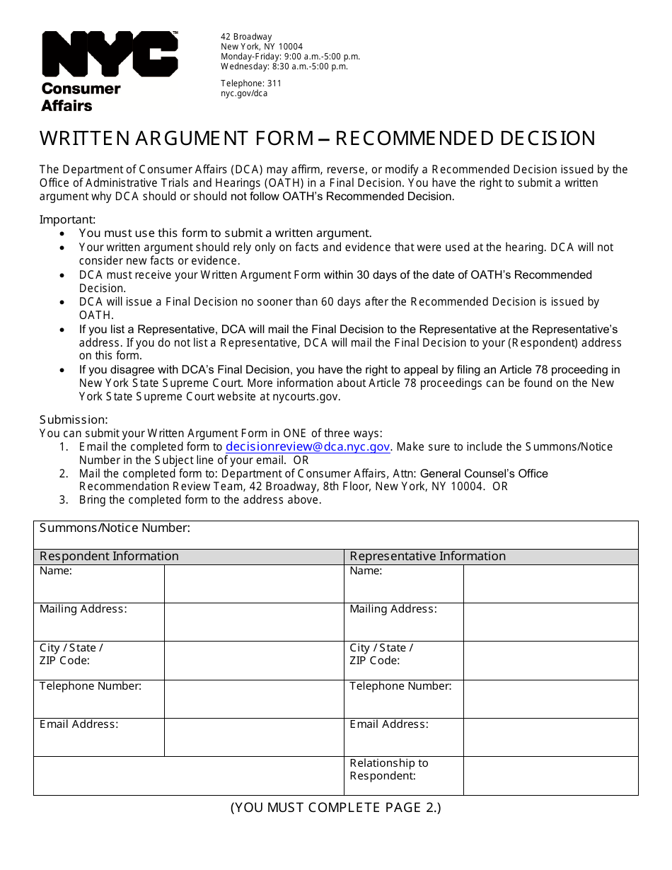 Written Argument Form - Recommended Decision - New York City, Page 1