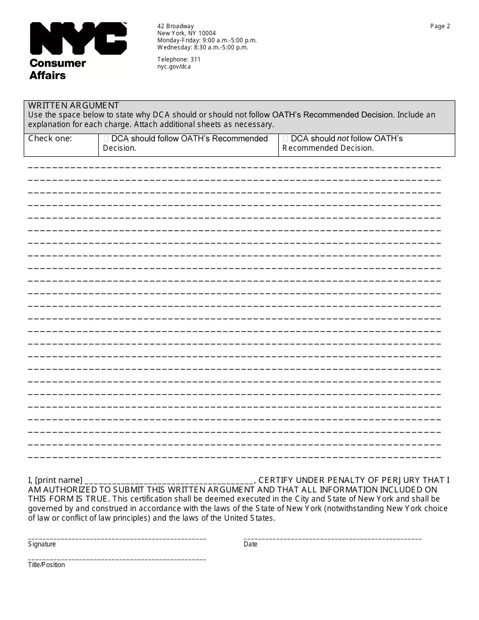 Written Argument Form - Recommended Decision - New York City, Page 2