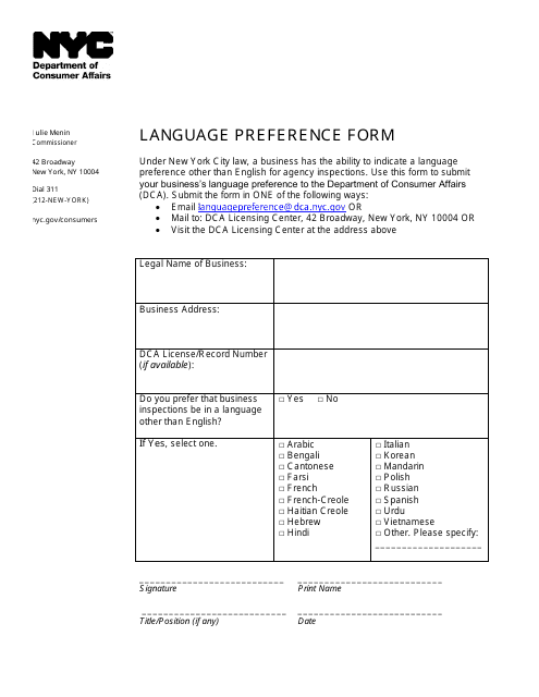 Language Preference Form - New York City