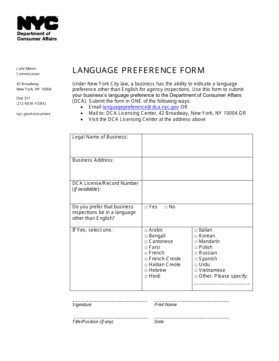 Language Preference Form - New York City, Page 1