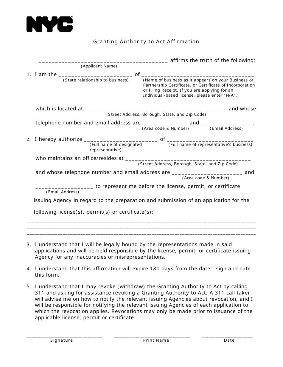New York City Granting Authority to Act Affirmation Download Fillable PDF |  Templateroller