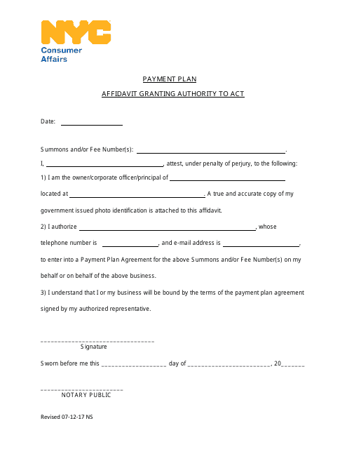 Affidavit Granting Authority to Act (For Collection Matters) - New York City Download Pdf