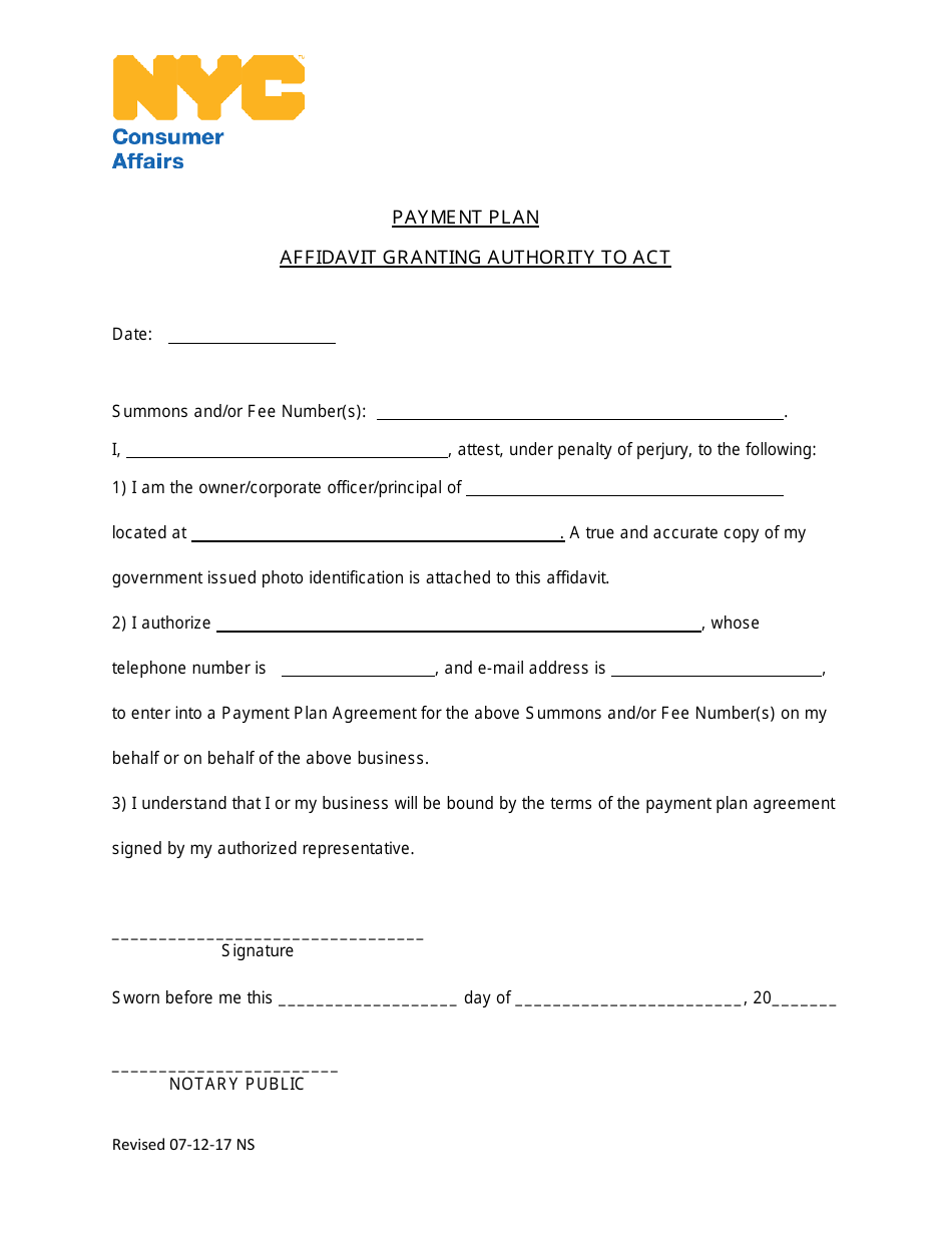 Affidavit Granting Authority to Act (For Collection Matters) - New York City, Page 1