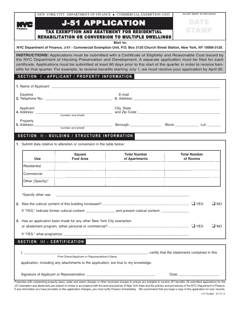 Form J-51 Tax Exemption and Abatement for Residential Rehabilitation or Conversion to Multiple Dwellings Application - New York City