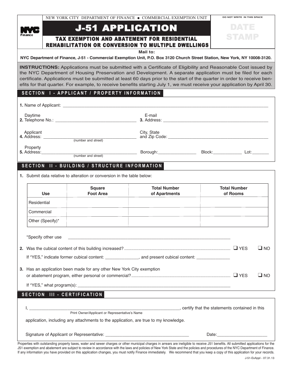 Form J-51 Tax Exemption and Abatement for Residential Rehabilitation or Conversion to Multiple Dwellings Application - New York City, Page 1