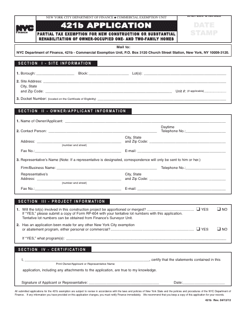 Form 421B Application for Partial Tax Exemption for New Construction or Substantial Rehabilitation of Owner-Occupied One- and Two-Family Homes - New York City