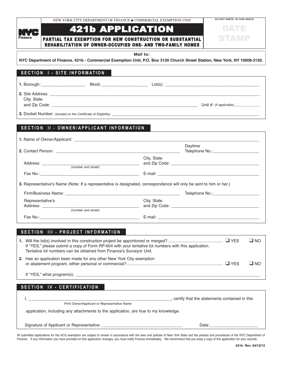 Form 421B Application for Partial Tax Exemption for New Construction or Substantial Rehabilitation of Owner-Occupied One- and Two-Family Homes - New York City, Page 1