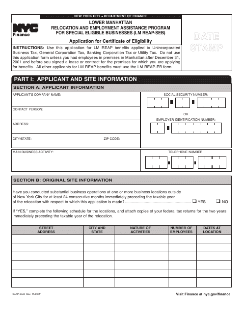 Form REAP-SEB  Printable Pdf