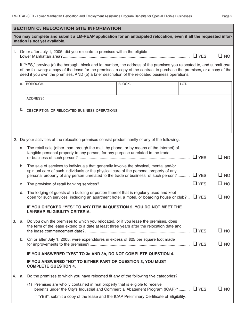 Form REAP-SEB Lower Manhattan Relocation and Employment Assistance Program Benefits for Special Eligible Businesses - New York City, Page 2