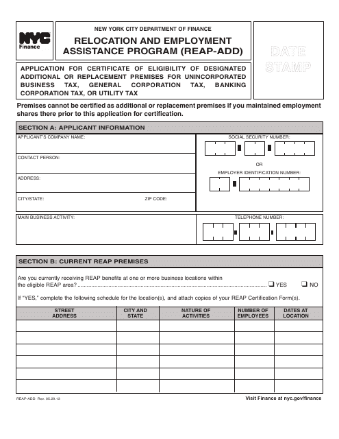 Form REAP-ADD  Printable Pdf