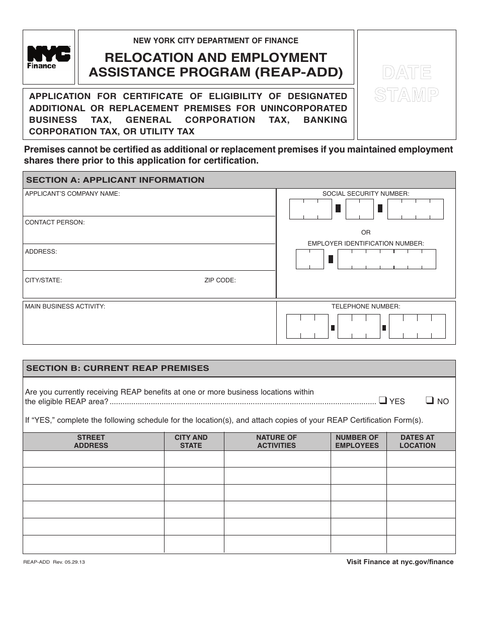 Form REAP-ADD Application for Certificate of Eligibility of Designated Additional or Replacement Premises - New York City, Page 1