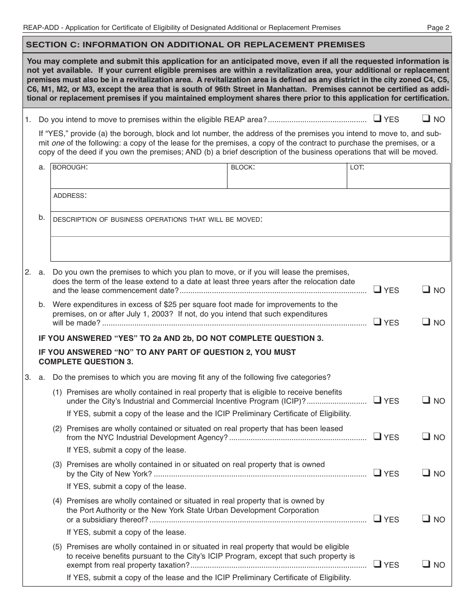 Form REAP-ADD Application for Certificate of Eligibility of Designated Additional or Replacement Premises - New York City, Page 2