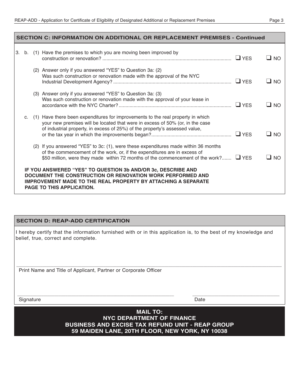 Form REAP-ADD Application for Certificate of Eligibility of Designated Additional or Replacement Premises - New York City, Page 3