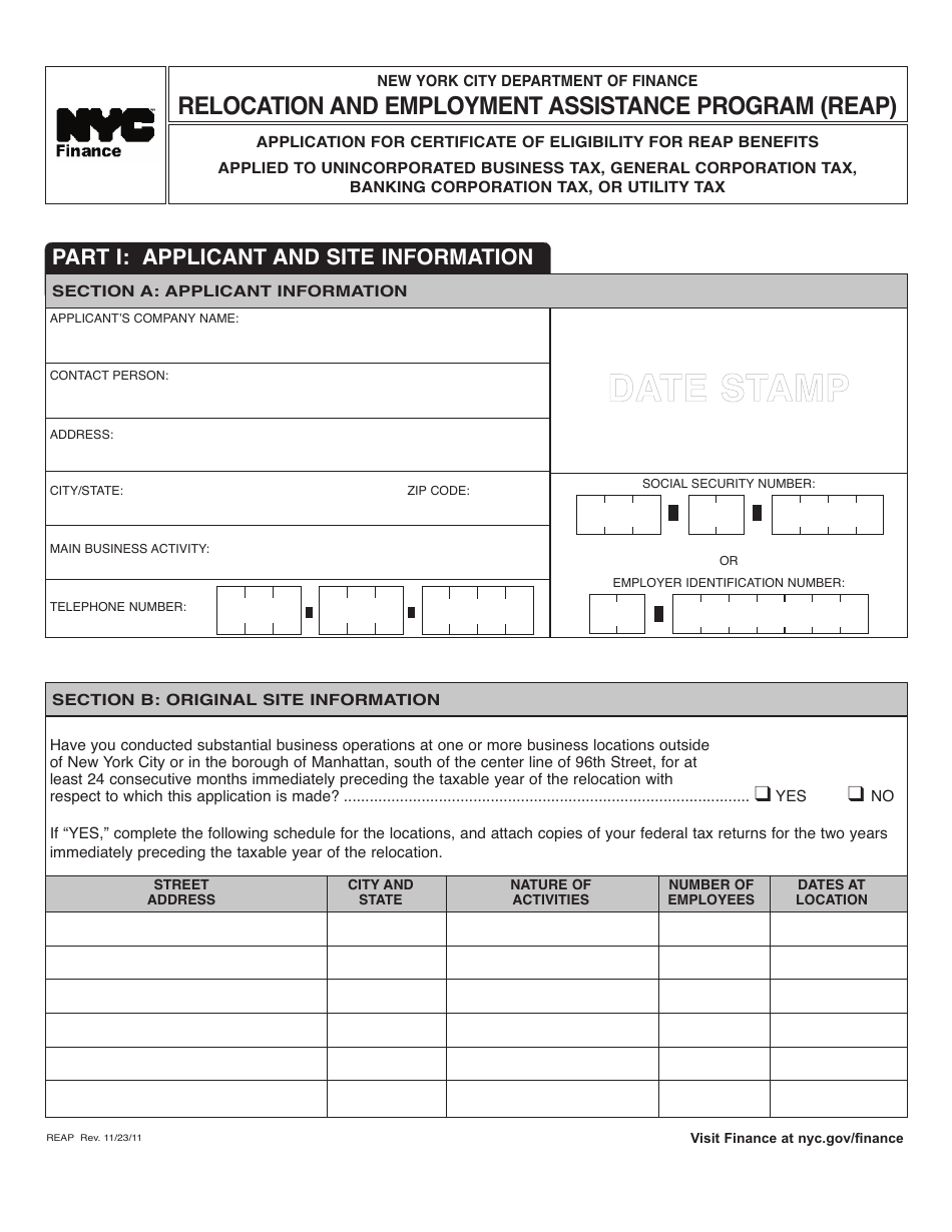 Form REAP Application for Certificate of Eligibility for Reap Benefits - New York City, Page 1