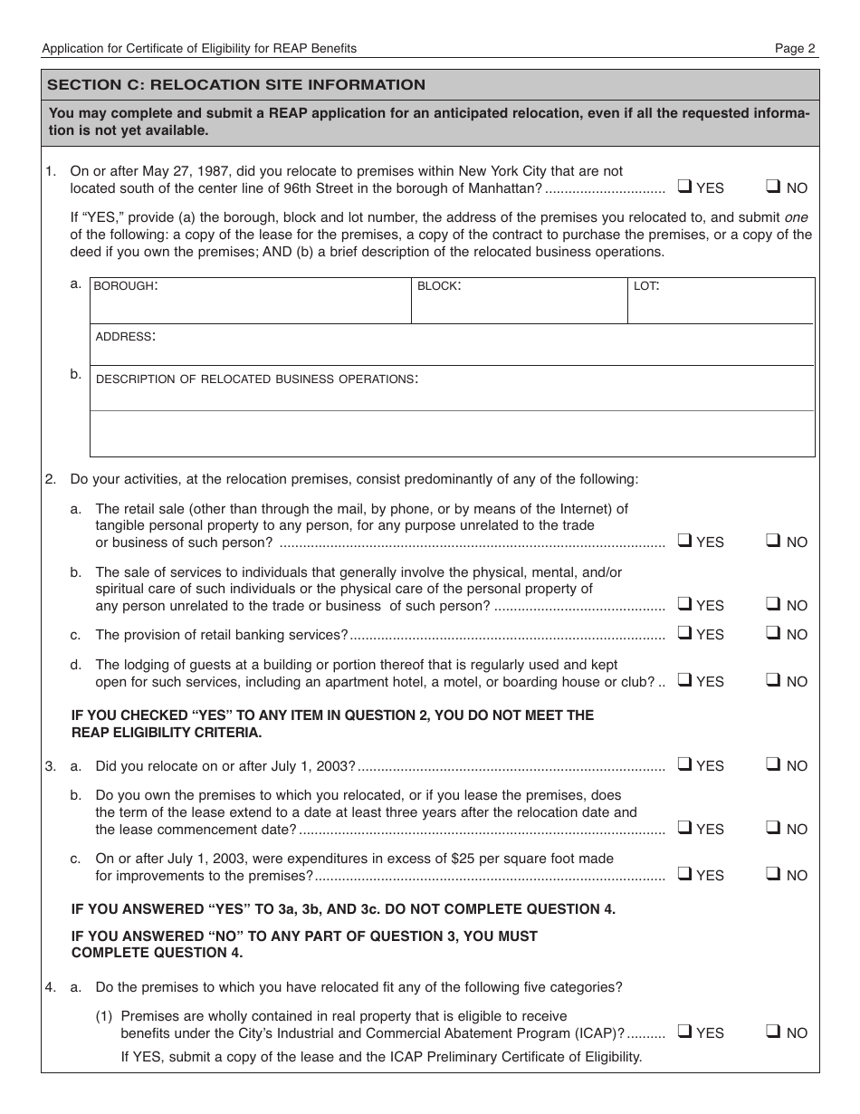 Form REAP Application for Certificate of Eligibility for Reap Benefits - New York City, Page 2