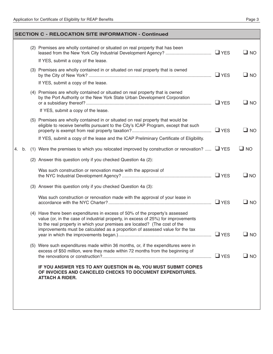 Form REAP Application for Certificate of Eligibility for Reap Benefits - New York City, Page 3