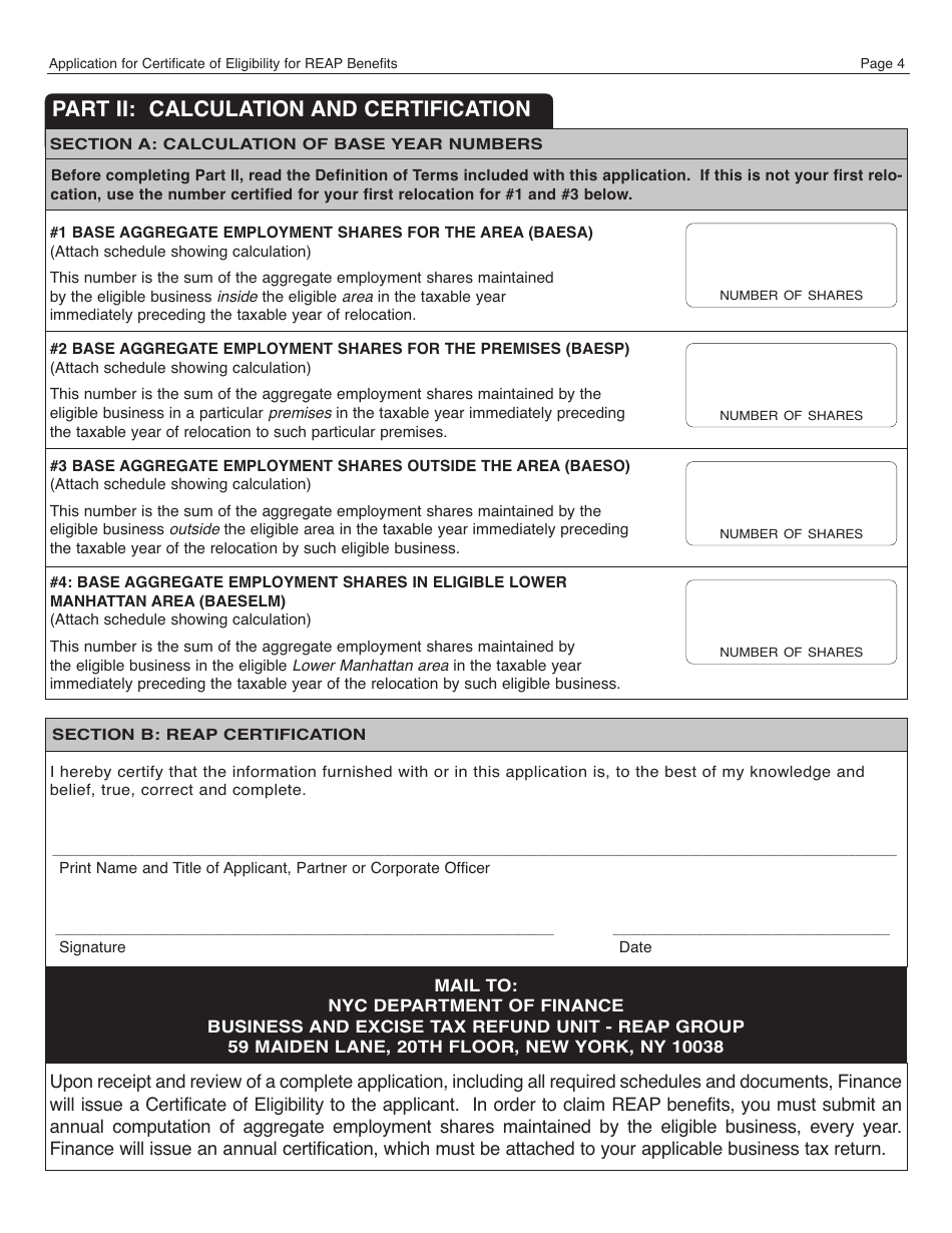 Form REAP Application for Certificate of Eligibility for Reap Benefits - New York City, Page 4