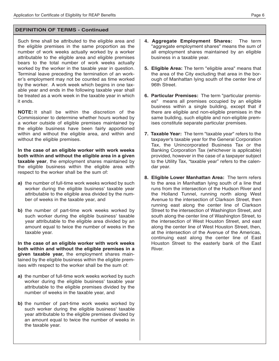 Form REAP Application for Certificate of Eligibility for Reap Benefits - New York City, Page 6
