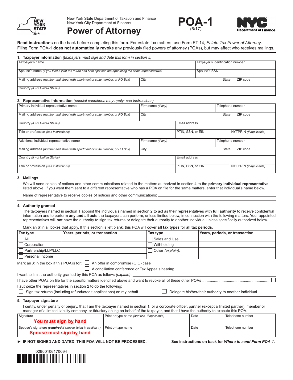 Form POA-1 Power of Attorney - New York, Page 1