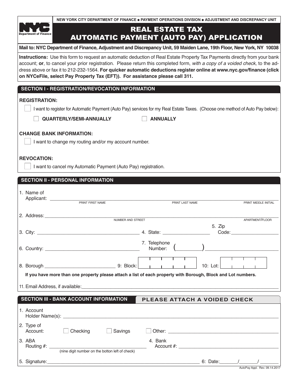 Real Estate Tax Automatic Payment (Auto Pay) Application - New York City, Page 1