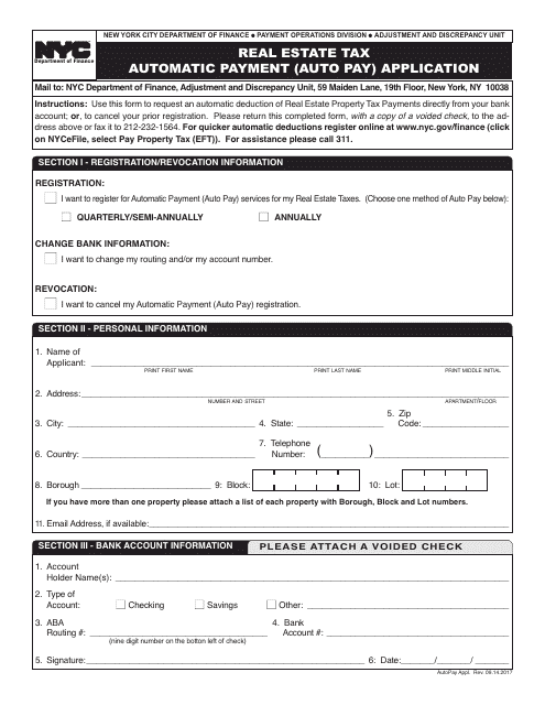 Real Estate Tax Automatic Payment (Auto Pay) Application - New York City Download Pdf