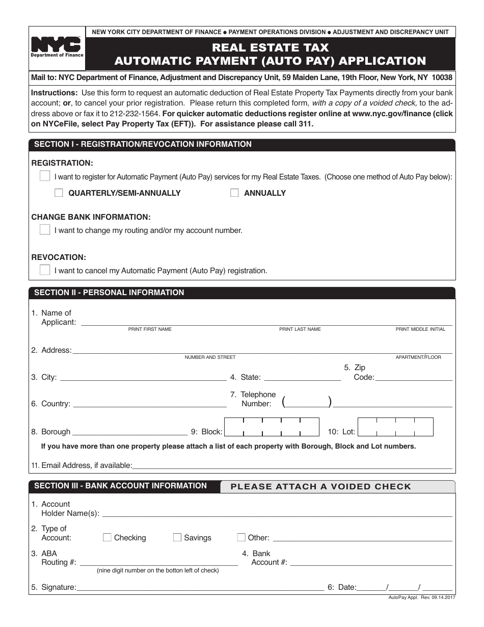 New York City Real Estate Tax Automatic Payment (Auto Pay) Application