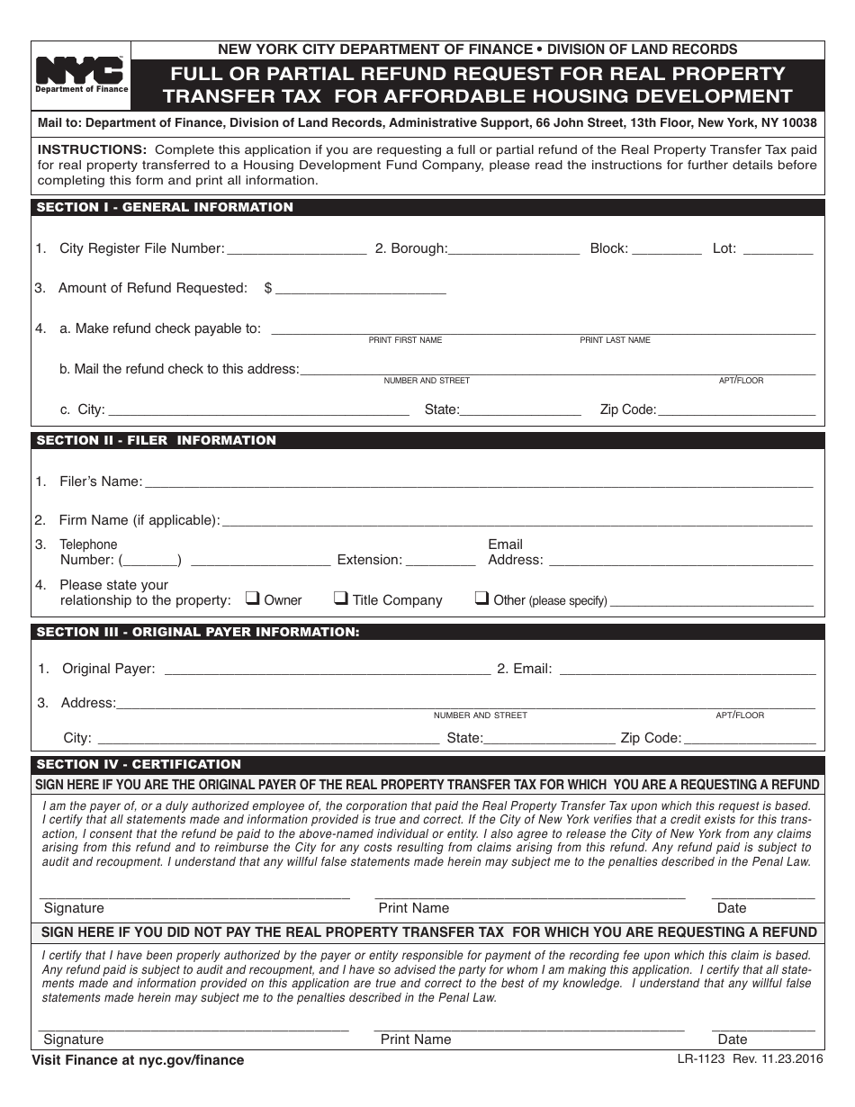 Form LR-1123 Full or Partial Refund Request for Real Property Transfer Tax for Affordable Housing Development - New York City, Page 1