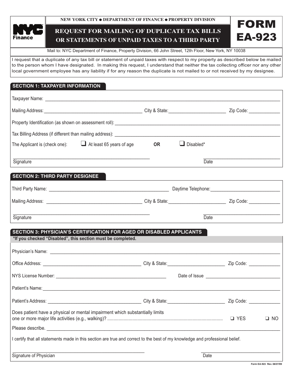 Form EA-923 Request for Mailing of Duplicate Tax Bills or Statements of Unpaid Taxes to a Third Party - New York City, Page 2