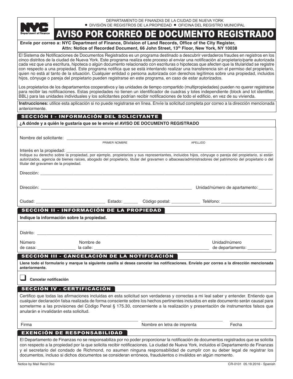 Formulario CR-0101 Aviso Por Correo De Documento Registrado - New York City (Spanish), Page 1