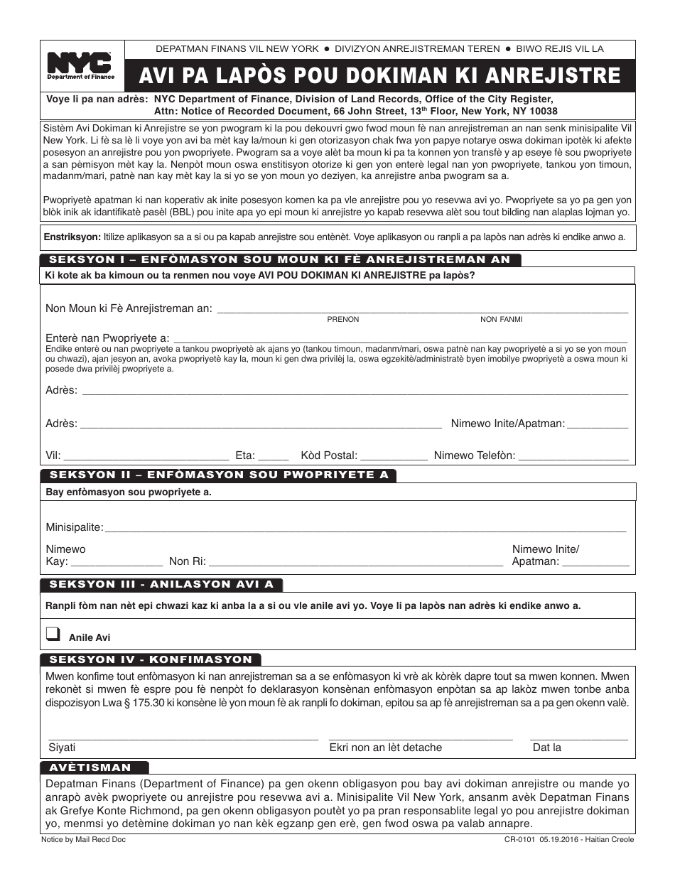 Form CR-0101 Notice by Mail of Recorded Document - New York City (Haitian Creole), Page 1