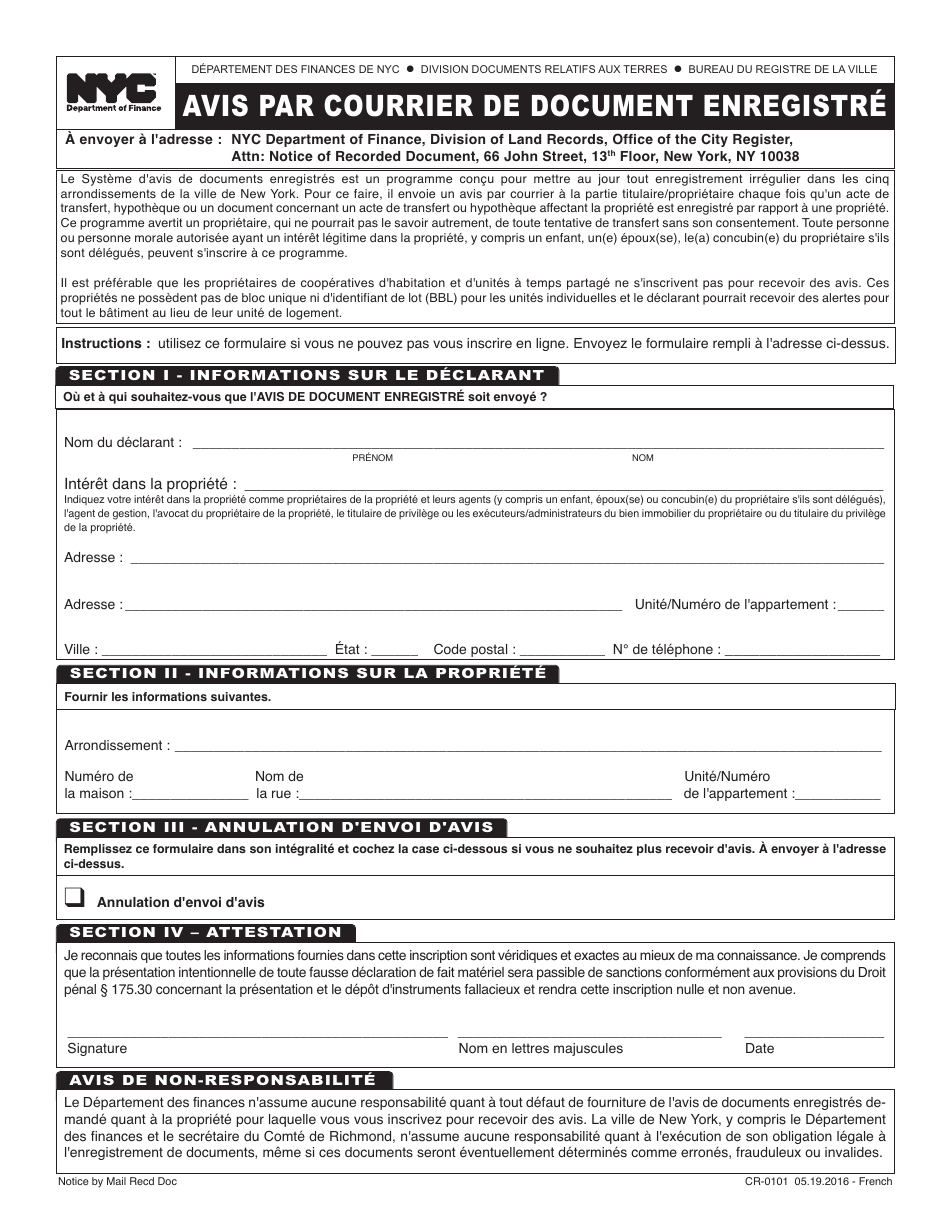 Form CR-0101 Notice by Mail of Recorded Document - New York City (French), Page 1