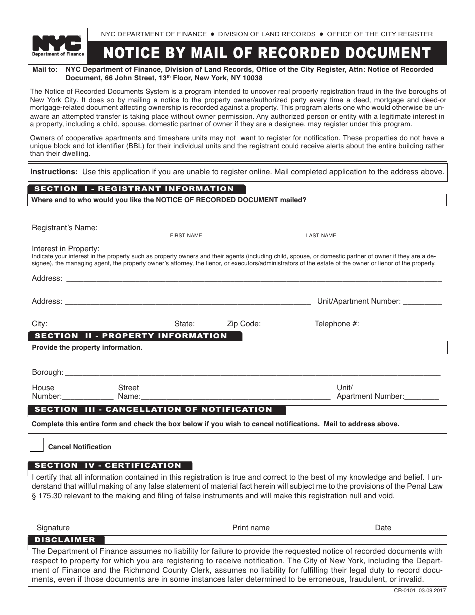 Form CR-0101 Notice by Mail of Recorded Document - New York City, Page 1