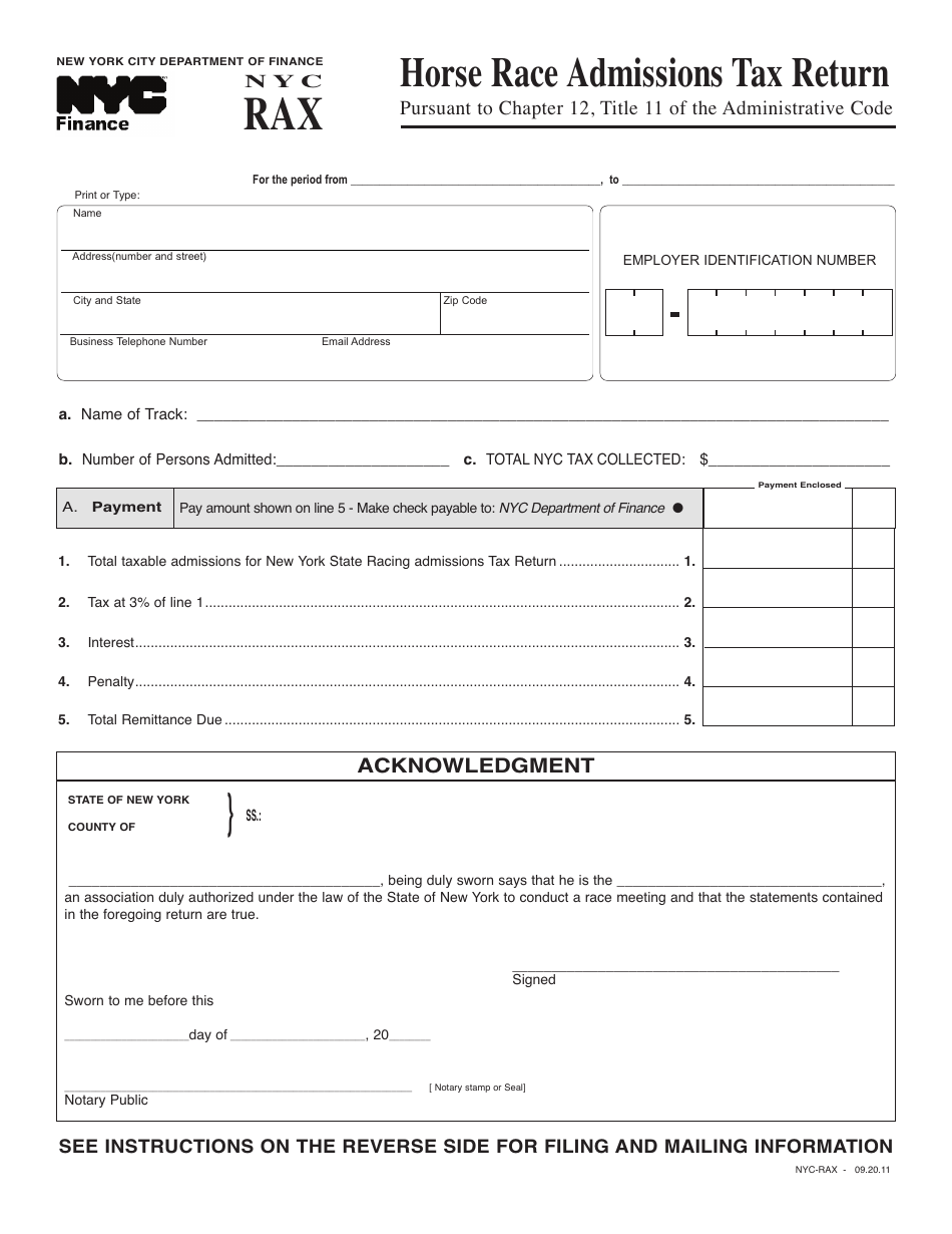 Form NYC-RAX Horse Race Admissions Tax Return - New York City, Page 1