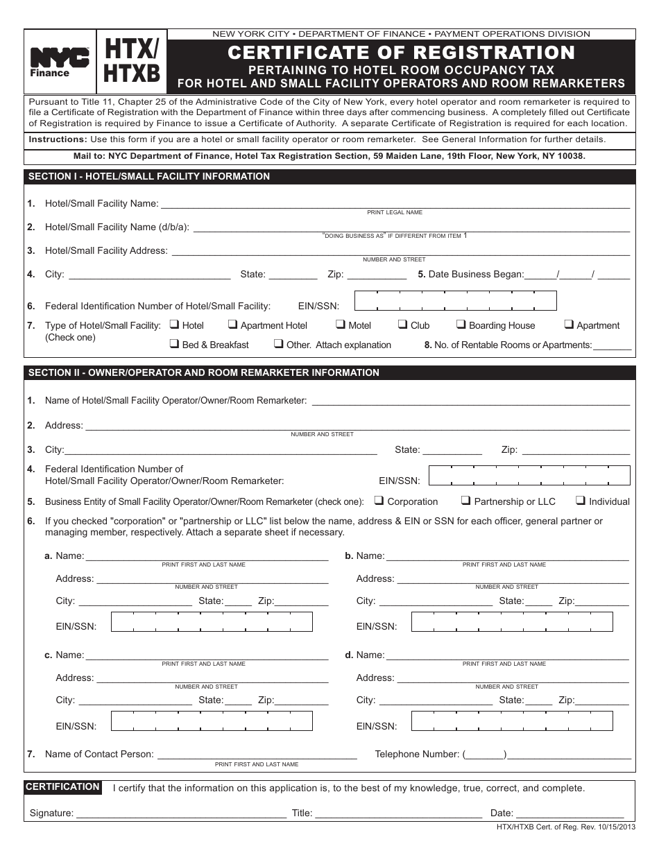 Form HTX / HTXB Certificate of Registration - New York City, Page 1
