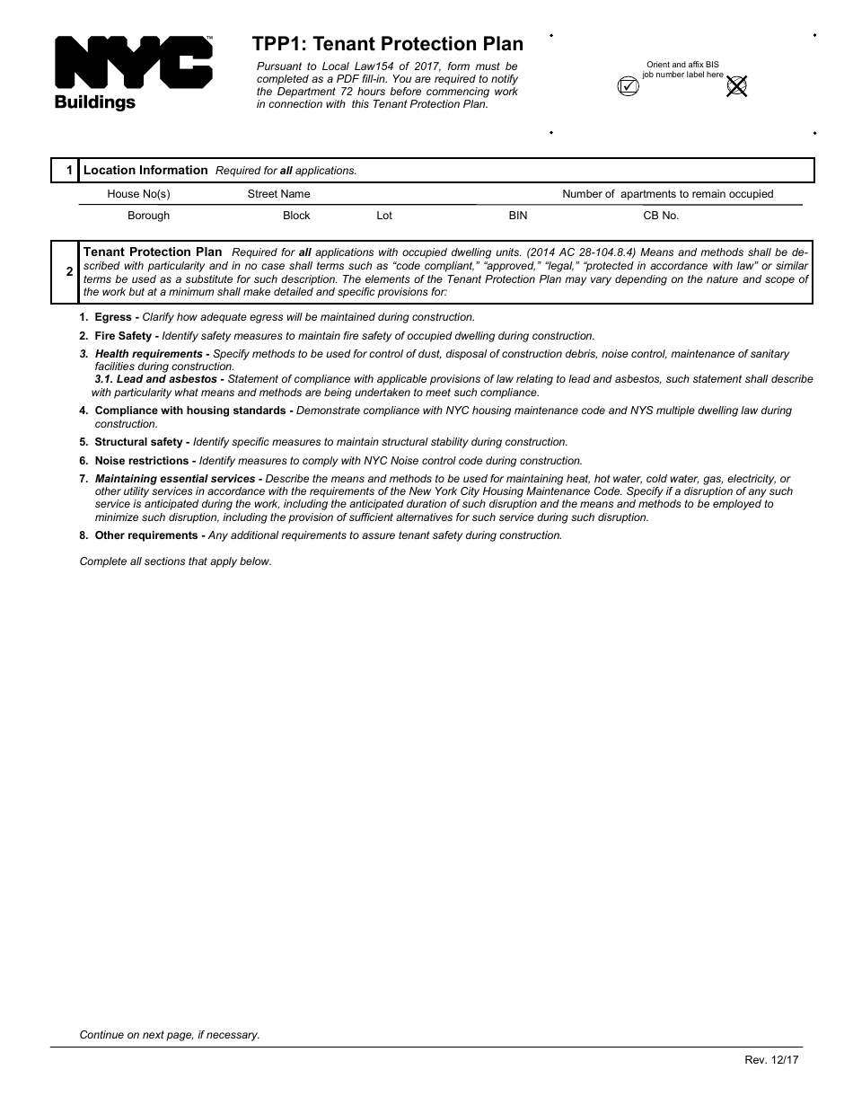 Form TPP1 Tenant Protection Plan - New York City, Page 1
