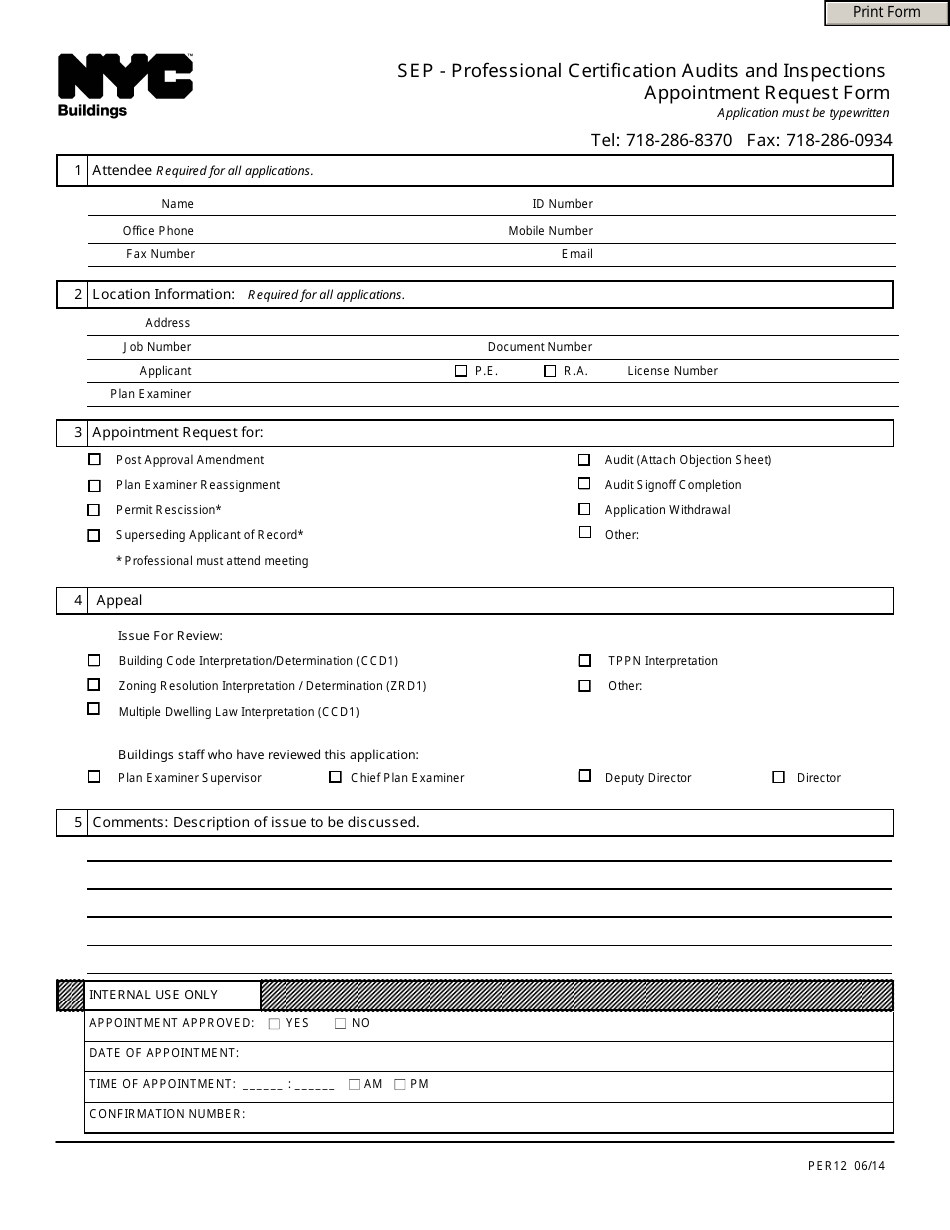Form PER12 Sep - Professional Certification Audits and Inspections Appointment Request Form - New York City, Page 1