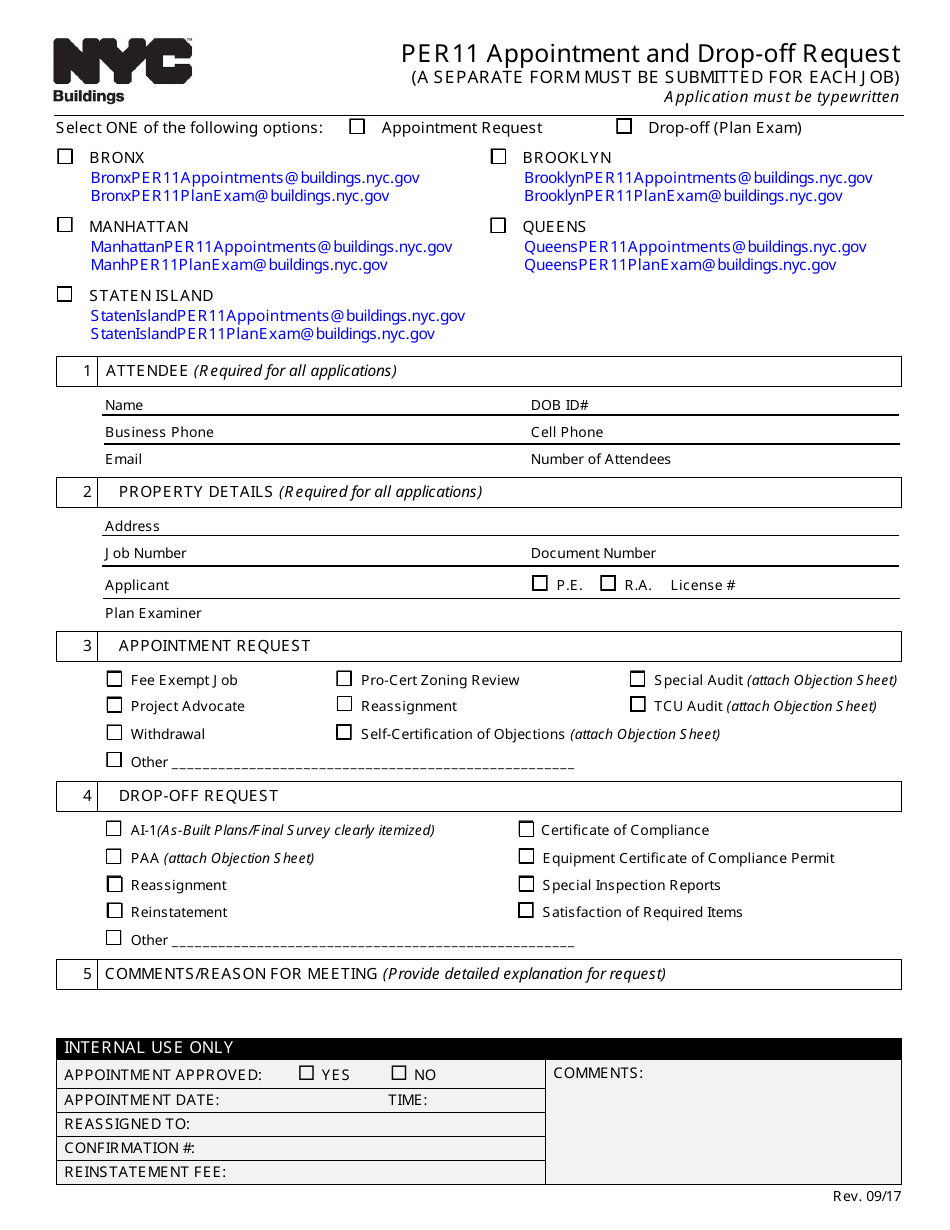 Form PER11 Appointment and Drop-Off Request - New York City, Page 1