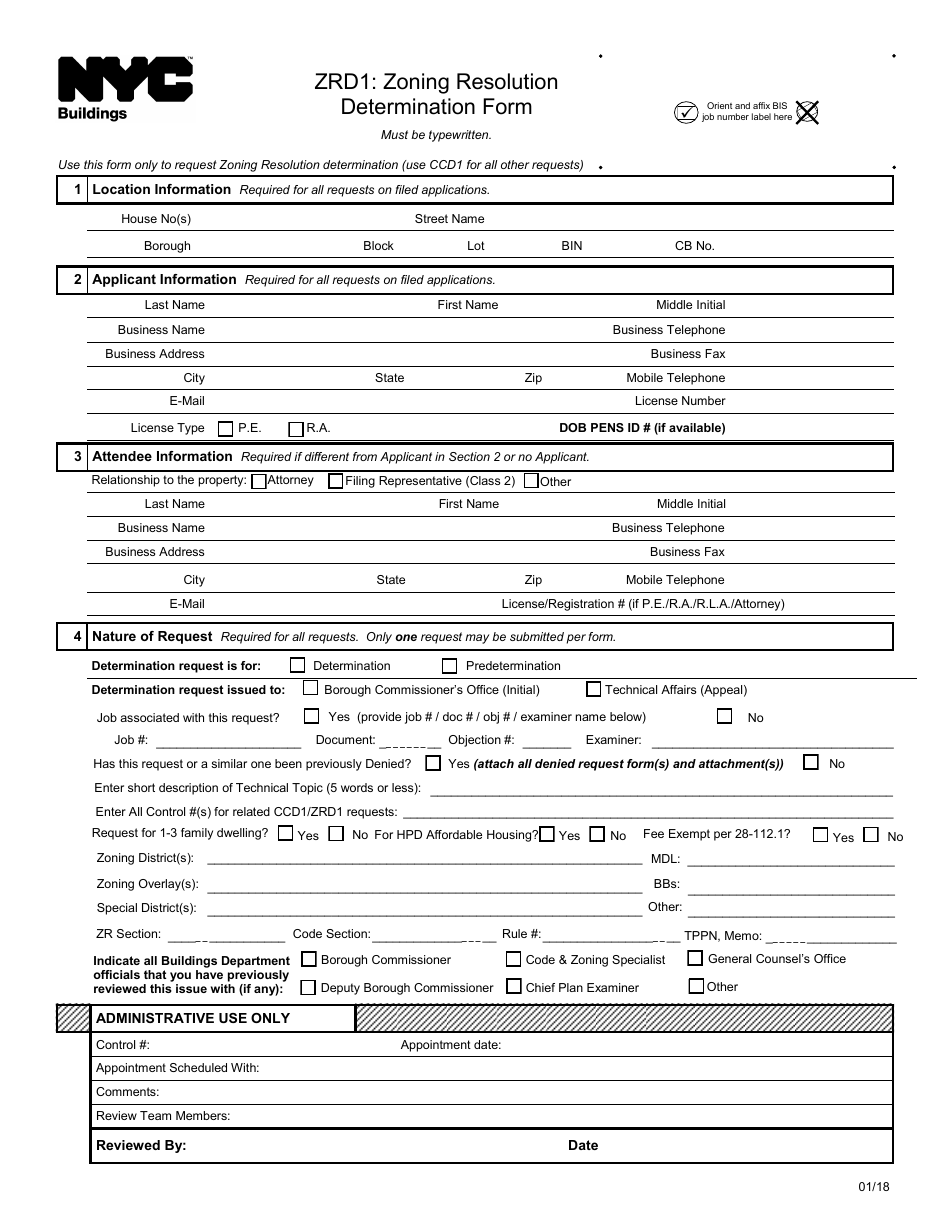 Form ZRD1 Zoning Resolution Determination Form - New York City, Page 1
