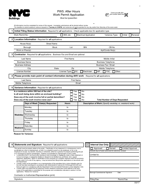 Form PW5 After Hours Work Permit Application - New York City