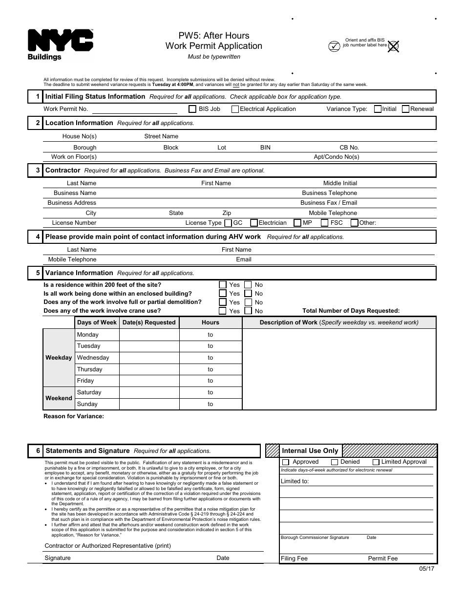 Form PW5 After Hours Work Permit Application - New York City, Page 1