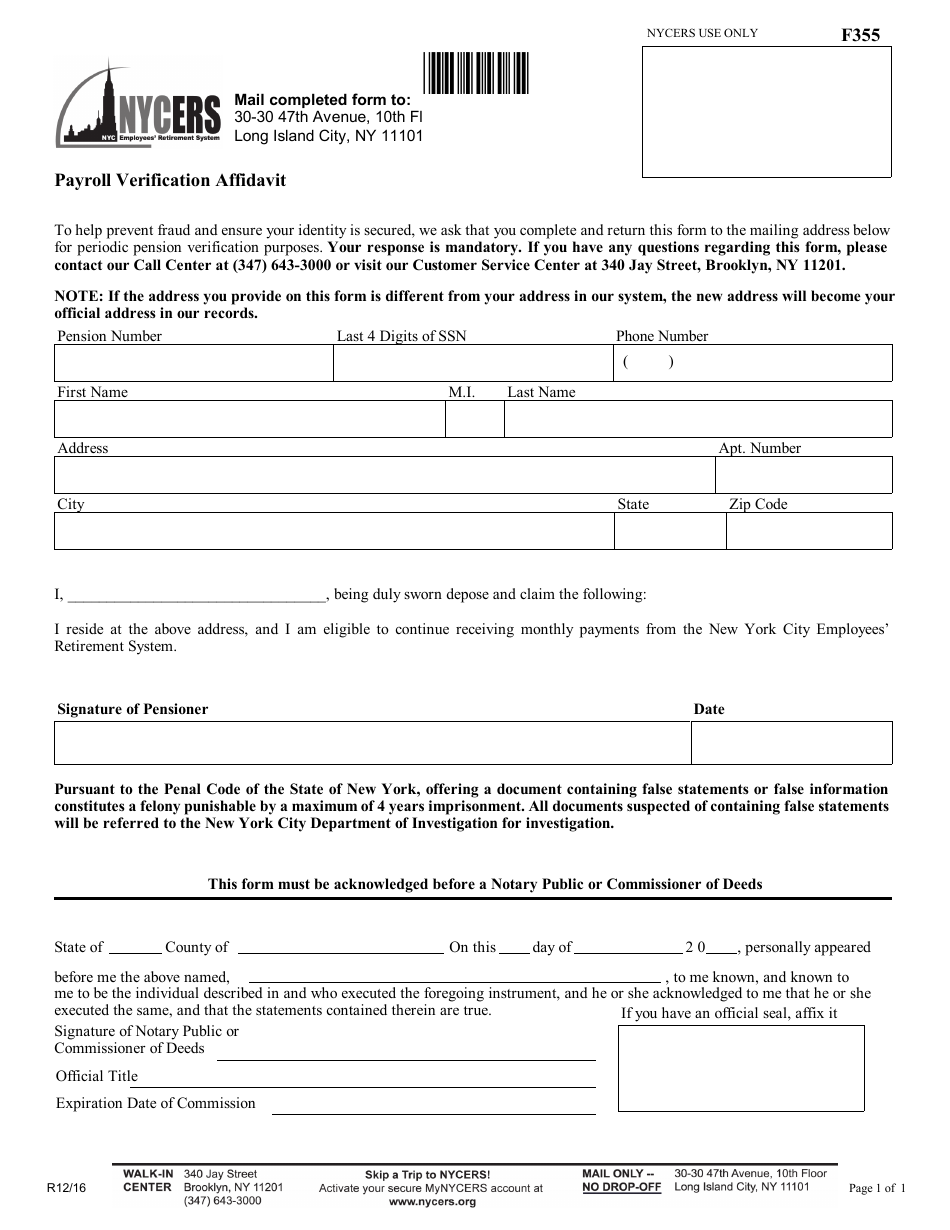 Form 355 Payroll Verification Affidavit - New York City, Page 1