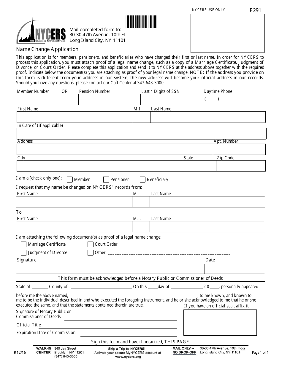 Form F291 Name Change Application - New York City, Page 1