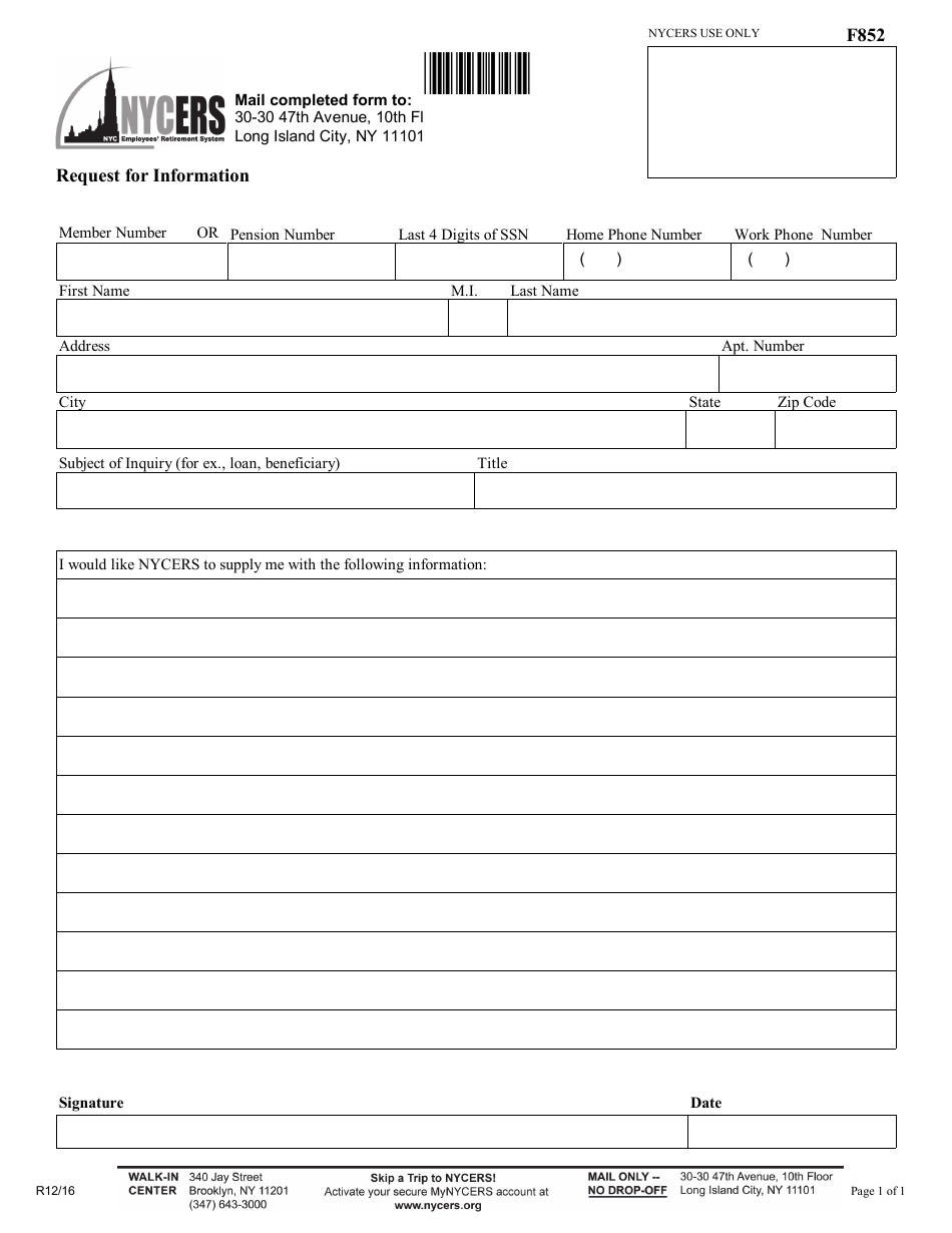 Form F852 Request for Information - New York City, Page 1