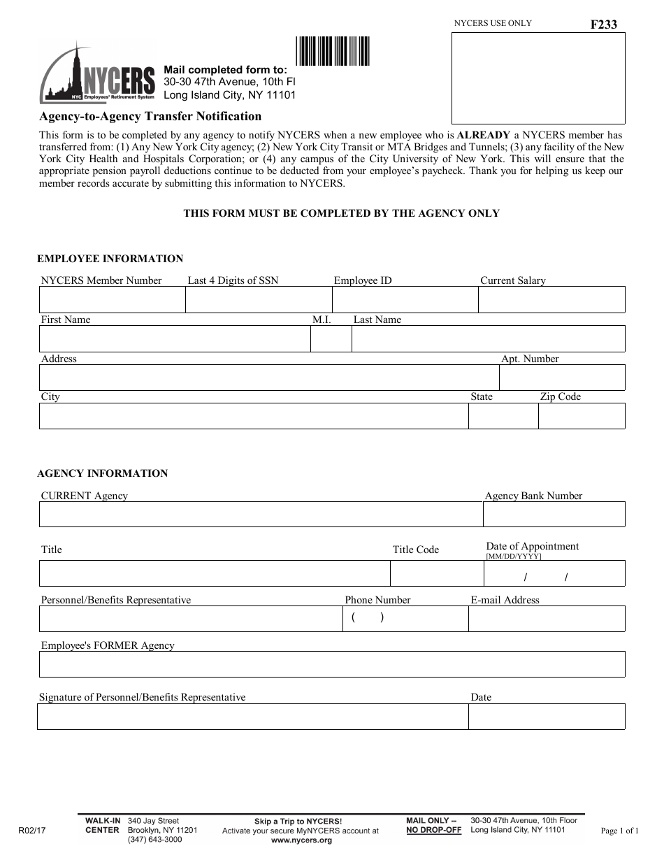 Form F233 Agency-To-Agency Transfer Notification - New York City, Page 1