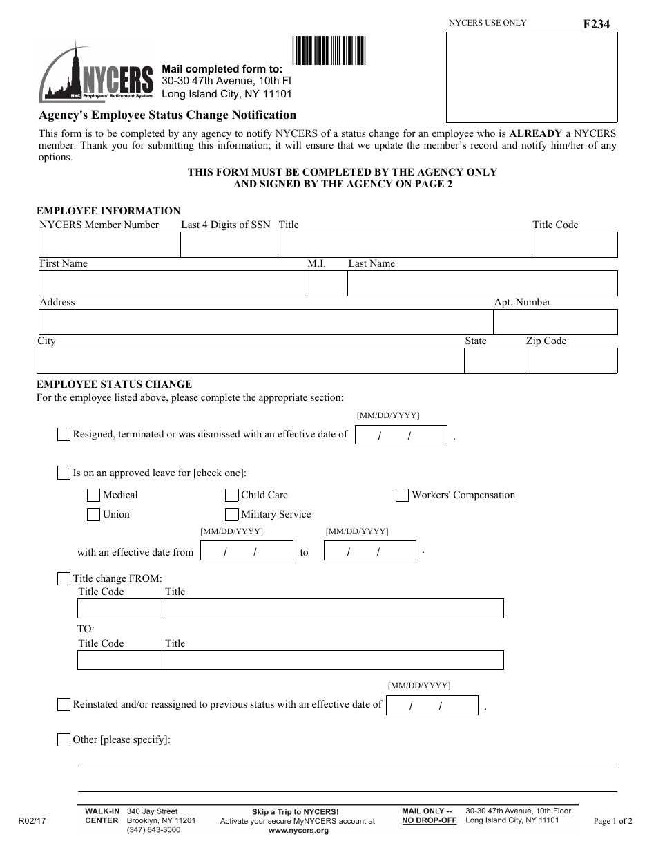 Form F234 Agencys Employee Status Change Notification - New York City, Page 1