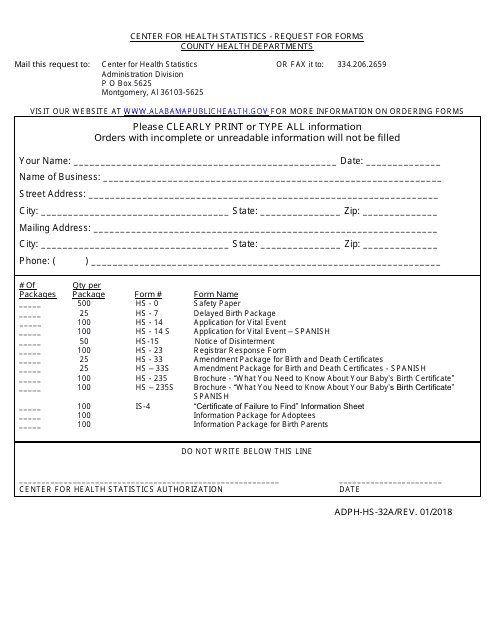 Form ADPH-HS32A Request for Forms - Alabama