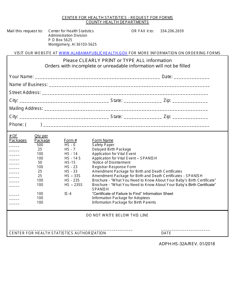 Form ADPH-HS32A Request for Forms - Alabama, Page 1
