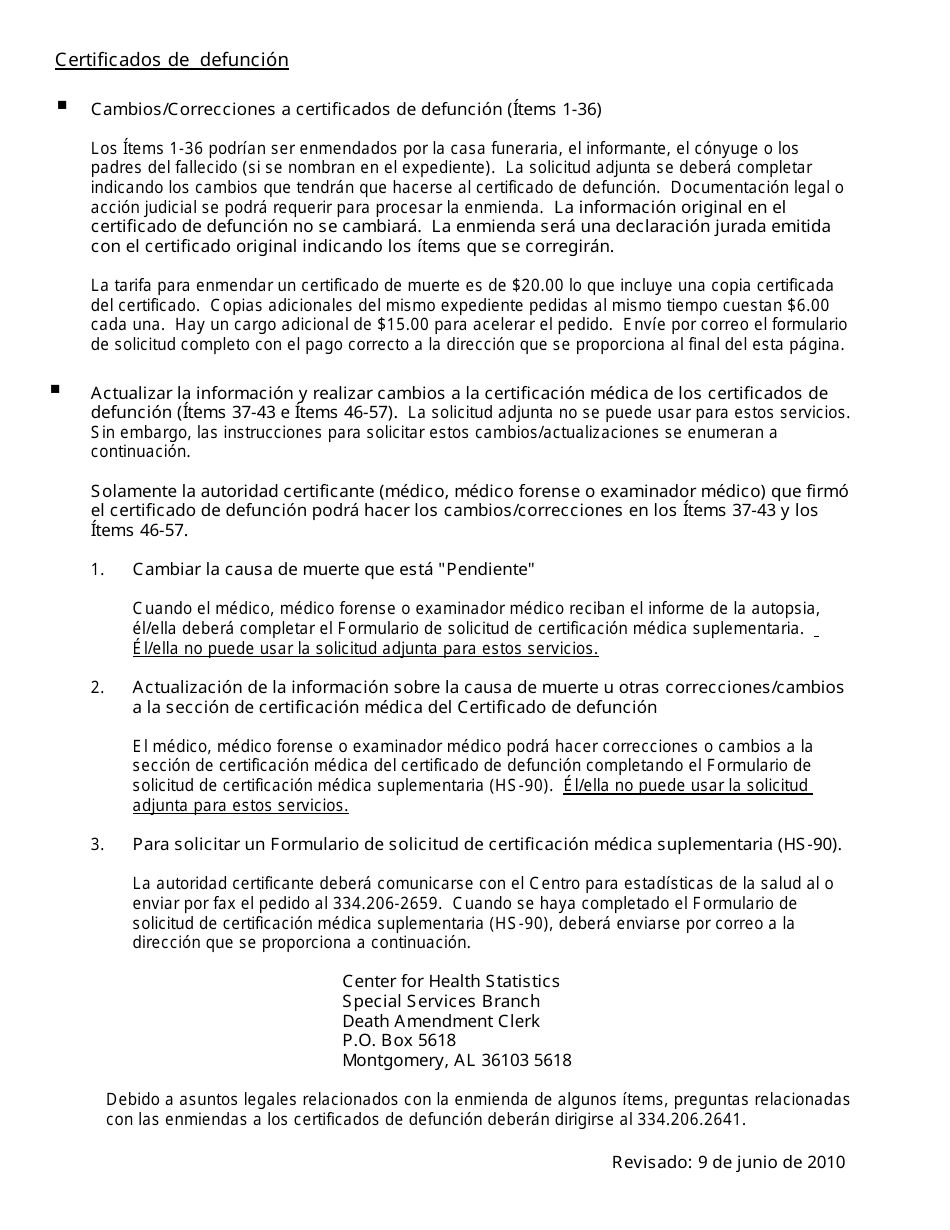 Formulario ADPH-HS-33S Solicitud Para Cambiar Un Certificado De Nacimiento O Defuncion - Alabama (Spanish), Page 2