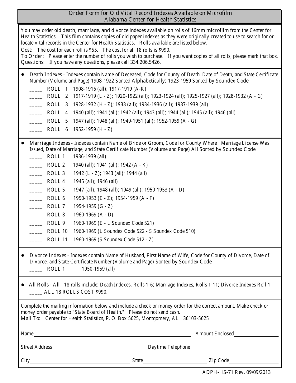 Form ADPH-HS-71 Order Form for Old Vital Record Indexes Available on Microfilm Alabama Center for Health Statistics - Alabama, Page 1