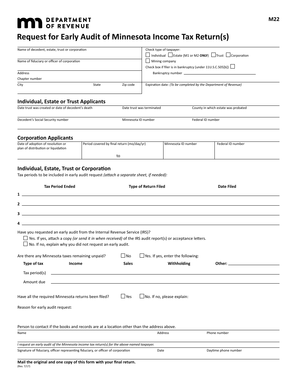 Form M22 Request for Early Audit of Minnesota Income Tax Return(S) - Minnesota, Page 1